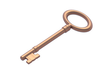 Brass key isolated on white background. 3d render