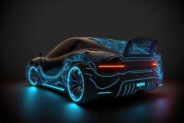 Naklejka premium futuristic electric car with energy visualization isolated on black background, Generative AI