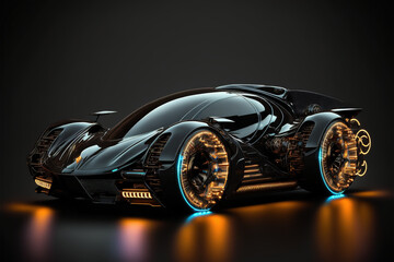 futuristic electric car with energy visualization isolated on black background, Generative AI