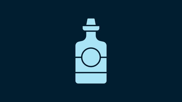 White Tequila bottle icon isolated on blue background. Mexican alcohol drink. 4K Video motion graphic animation