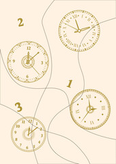 Clock face. Watch dials. Line and numbers. Silhouette timepieces. Time management. Hours and minutes measurement. Aged timers background. Counting arrow pointers. Vector illustration card