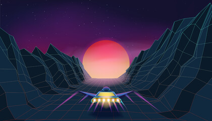 Retro space ship, arcade game background. Neon waves and spaceship for synthwave party, 3d 90s style mountains landscape. Bright sun and dark sky vintage poster, vector futuristic illustration © SpicyTruffel