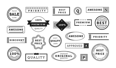 Retro ribbon stamp. Seal label. Quality tag. Guarantee emblem. Premium sign. Paint imprint. Certificate insignia symbol. Price discount mark. Black ink stickers set. Vector icon collection