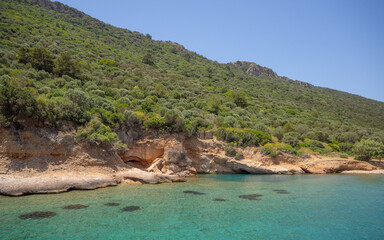 Bodrum, Mugla - Turkey - 24.05.2022: View of the Bodrum Bay, sailing boat in Bodrum town, city of Turkey - Aegean Sea