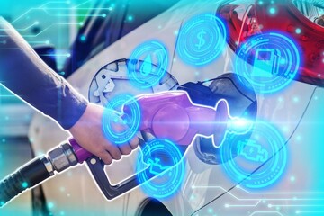 Hand Man Refill and filling Oil Gas Fuel at station.Gun petrol in the tank to fill.Fuel pump at station, Futuristic oil fueling concept modern icon.