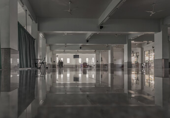 Religious two muslim men is standing praying inside the mosque. The muslim prayer for god in the mosque. Religion Islam, Space for text. No focus, specifically.