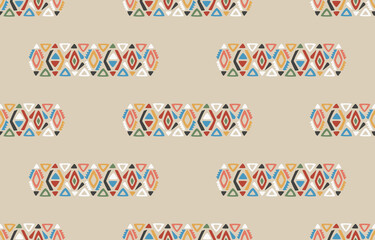 Ikat seamless pattern. Vector geometric Tribal African Indian traditional embroidery background.
Bohemian fashion. Ethnic fabric carpet batik ornament chevron textile decoration wallpaper