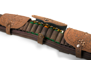 Old hunting cartridges and bandoleer on a wooden table