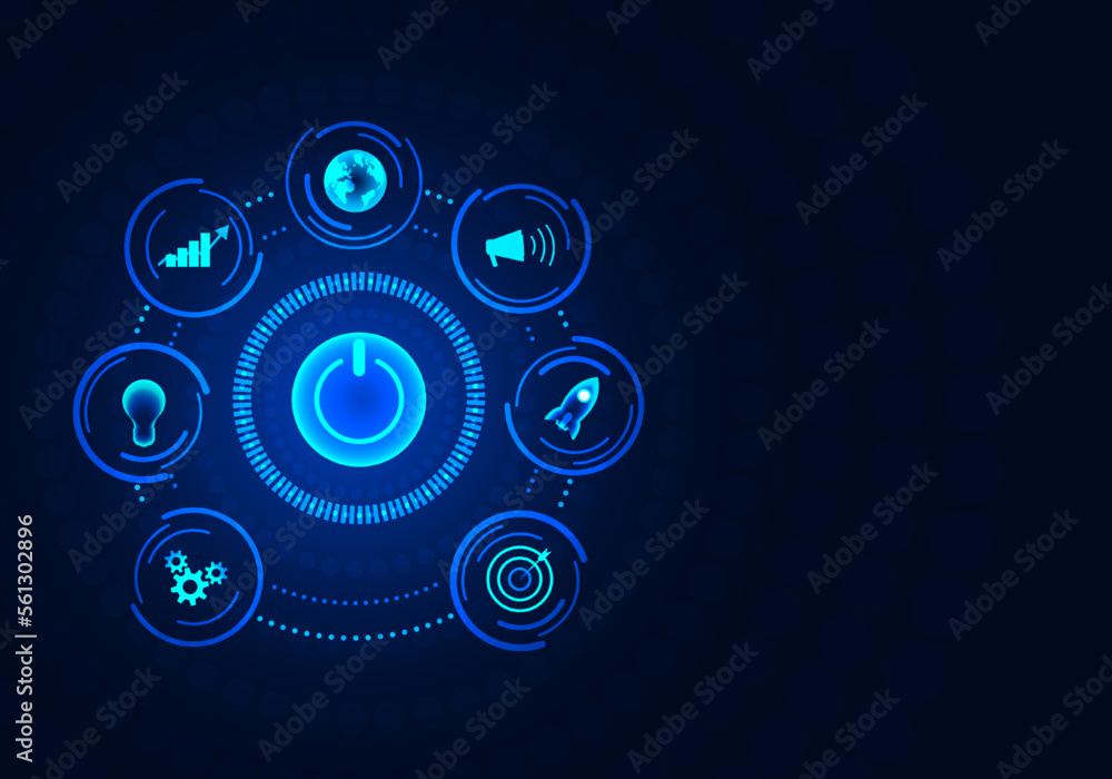 Poster background smart technology power button technology the light emitted from the button body. there ar