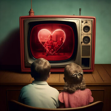 Children Watching Tv Of Saint Valentine, Old, Vintage