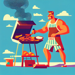 Barbecue, grill, cartoon, surfer, illustration