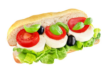 Baguette with mozzarella and tomatoes isolated on white background