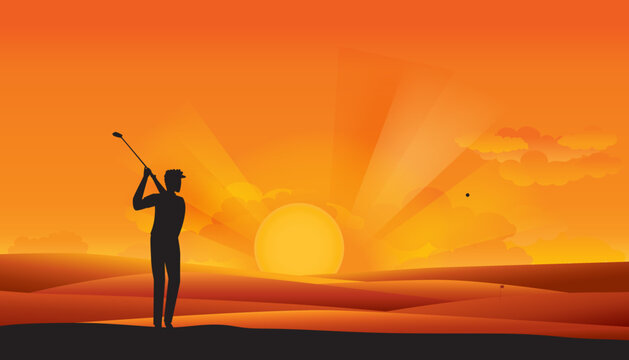 Vector illustration of golfer in action with sunrise or sunset background. Sport concept
