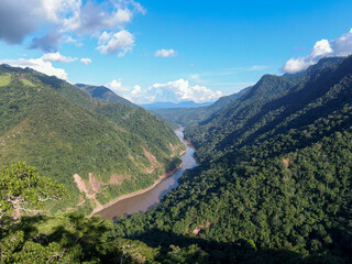 Fototapeta premium Tarapoto in the amazon region of Peru showing rainforest and waterway Aerial Panorama 