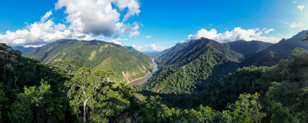 Fototapeta na wymiar Tarapoto in the amazon region of Peru showing rainforest and waterway Aerial Panorama 