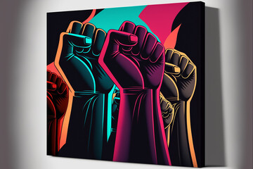 Diverse Group of People Raising Fists in an Abstract Painting, Celebrating Black History Month