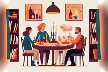 Fototapeta premium People sit at tables decorated with candles, eat food, drink wine and talk to each other