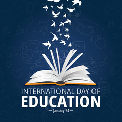 International Day of Education greeting card template of an open book with paper bird flock in modern paper cut style.