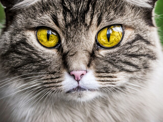 Macro photography of a grey cat with yellow eyes
