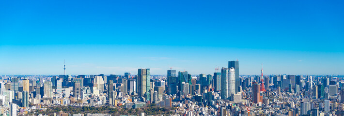 Iconic landscape of Tokyo, Japan. Blue sky and skyscrapers