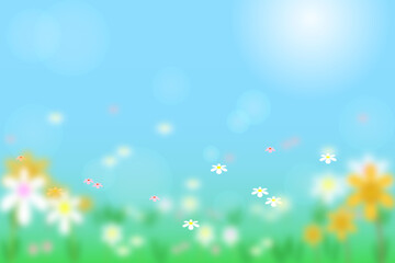 Vector illustration beautiful flowers with meadow and mountain background bokeh and flare sunlight