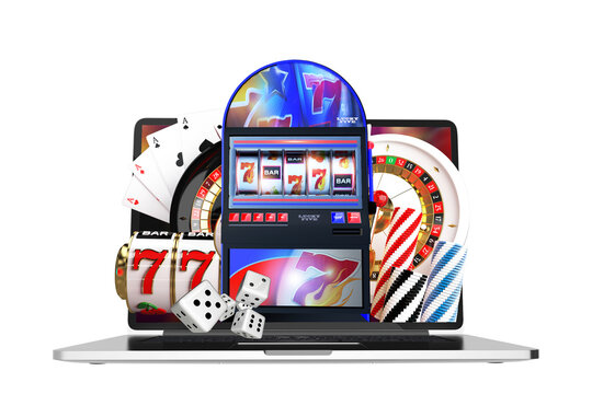 Online Casino Games Coming Out From A Laptop Display Conceptual PNG Graphic