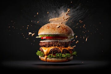 hamburger on black background, exploting burger