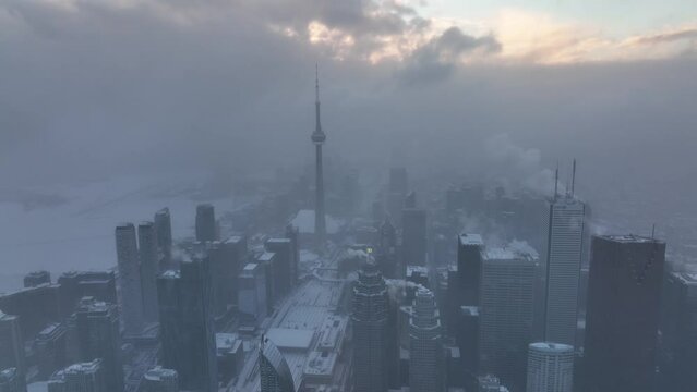 Aerial cinematic downtown Toronto Corktown snow storm 13