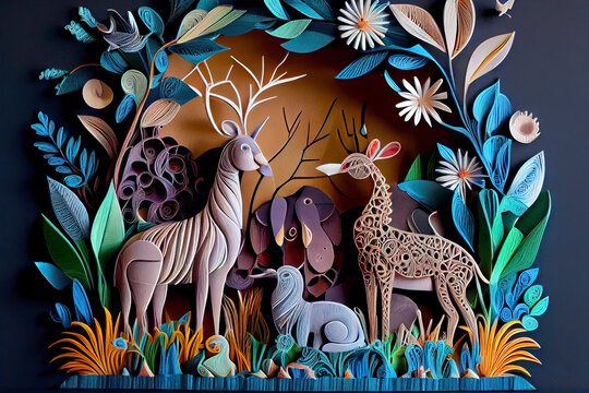 Paper art style of cute cartoon wild animals in forest