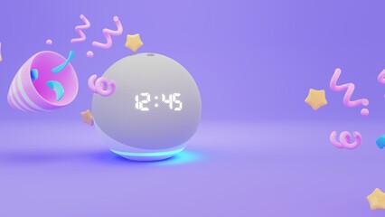 Amazon echo dot 5, voice controlled speaker with confetti and popper firecracker for party, birthday concept. Festive background card with an empty space for text. 3d rendering