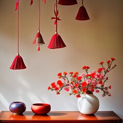 A beautiful Asian interior with vase and flowers. 