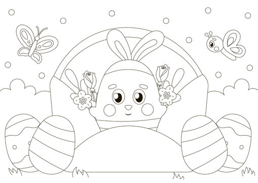 Cute coloring page for easter with bunny character in envelope with flowers