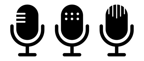 Microphone icons in various styles. Sound and voice. Karaoke and recording microphones. Vectors.