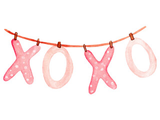 Watercolor garland, cute pink xo letters isolated on a white background. For Valentines day, greeting cards, decor, etc.