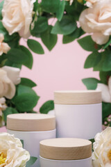 empty wooden podium beige rose bouquet flowers decoration on pink background with space.beauty cosmetic and romantic valentines or mother,birthday woman love gift product present scene stand display.