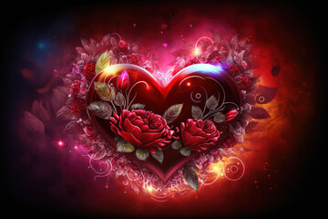 Abstract Valentine's Day wallpaper. Big heart and flowers. AI