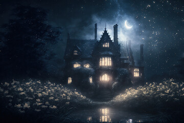 Obraz premium Fantasy castle in the night. AI