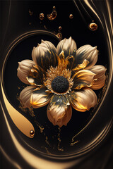 Beautiful black and golden flower on a marple background. Wallpaper for wall frames. Generative AI