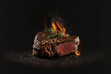 Yummy beef grill steak on a table in a dark black background with fire and smoke, food photograph,...