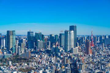 Iconic landscape of Tokyo, Japan. Blue sky and skyscrapers