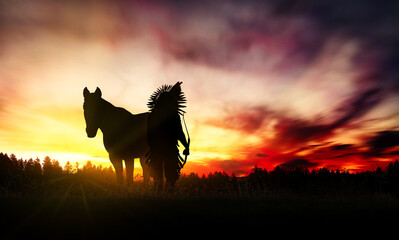 Indian of America on horseback at sunset