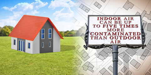 Indoor Air More Contaminated than Outdoor - concept with imaginary city map, rural scene and...