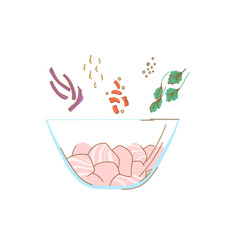 Plate with pink fish fillet and multi-colored spices for pickling on a white background in flat