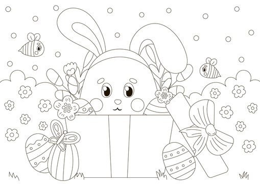 Cute coloring page for easter holidays with bunny character in gift box with flowers and bees in scandinavian style
