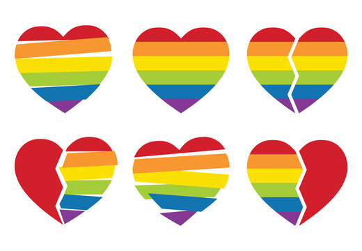 Vector image of the rainbow heart and a broken heart on white background. Gay, and LGBT symbols and icons, with rainbow hearts.