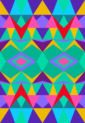 Vector seamless pattern colorful geometric background, 70s hippies style, polygon mosaic blue green violet color