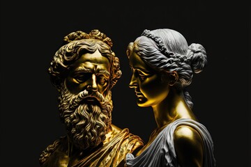 Sculpture de personnes stoïciennes, homme, femme, or et marbre, romance et amour. Idéal pour la Saint-Valentin, le papier peint, l'arrière-plan