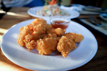 deep fried chicken , Japanese Fried Chicken  or Karaage Chicken or fried chicken and sauce