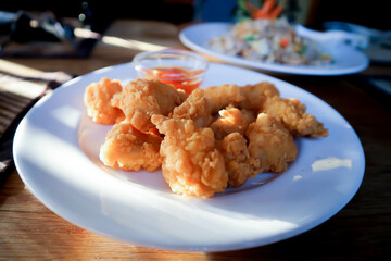 deep fried chicken , Japanese Fried Chicken  or Karaage Chicken or fried chicken and sauce