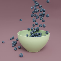 Blueberries in a bowl. Falling blueberries 3d realistic image. Fresh fruit falling into the bowl.